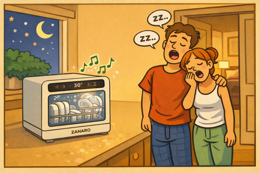 Illustratie van een rustige keukenavond waarbij de Zanaro mini vaatwasser helpt om de afwas zonder moeite te doen