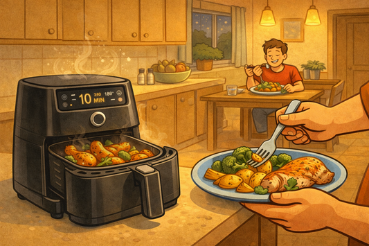 Cartoonillustratie van een ontspannen kookmoment waarbij de Zanaro airfryer zorgt voor makkelijk en snel eten