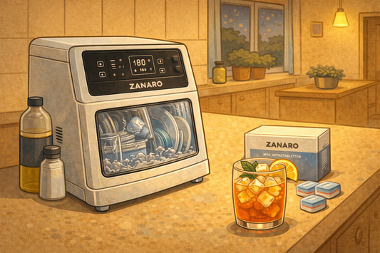 Cartoonillustratie van een Zanaro mini vaatwasser met bijpassende mini vaatwastabletten voor een schone vaat zonder gedoe