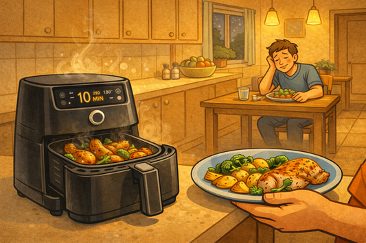 Cartoonillustratie van een doordeweekse avond waarbij de Zanaro airfryer zorgt voor snel en makkelijk eten