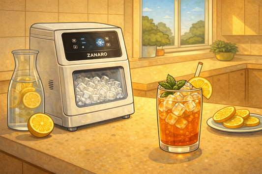 Cartoonillustratie van een keuken waarin de Zanaro ijsblokjesmachine zorgt voor verse ijsblokjes bij eten en drinken