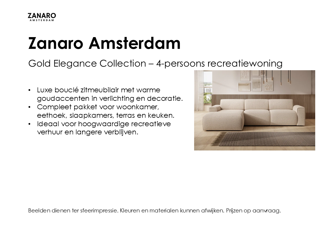 Moodboard Gold Elegance meubelpakket 4-persoons recreatiewoning – Zanaro Amsterdam
