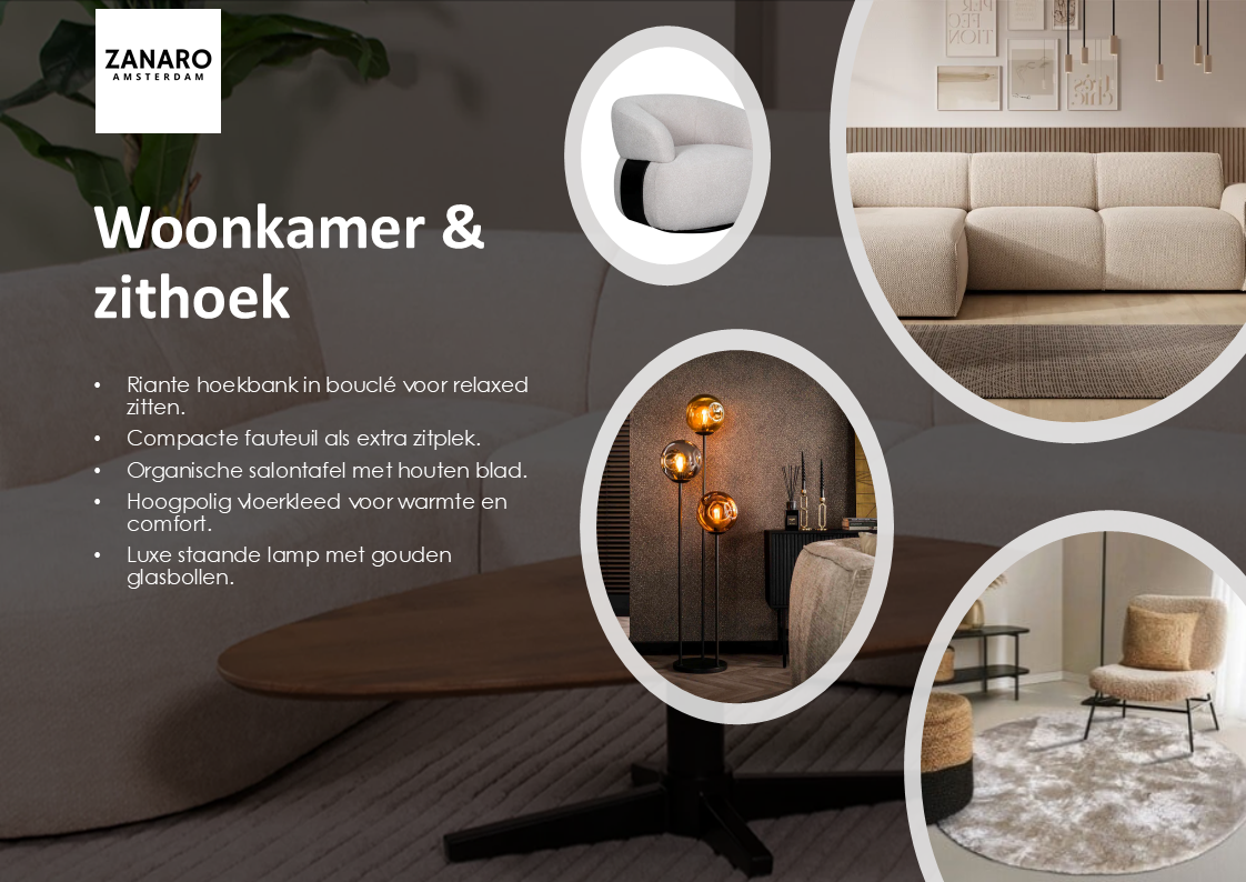 Woonkamer Gold Elegance pakket met bouclé hoekbank, fauteuil, salontafel, vloerkleed en staande lamp met glasbollen