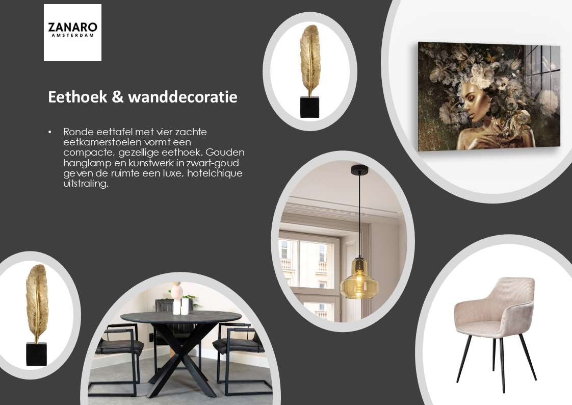 Eethoek Gold Elegance meubelpakket met ovale eettafel, zachte eetkamerstoelen en gouden hanglamp