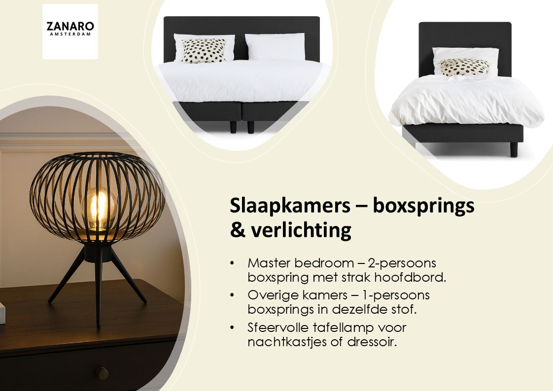 Slaapkamers Gold Elegance pakket met 2-persoons en 1-persoons boxsprings en sfeervolle slaapkamerverlichting