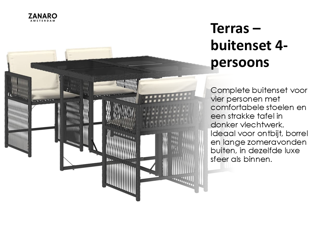 Terras Gold Elegance pakket met 4-persoons buitenset met zwart metalen frame en comfortabele kussens