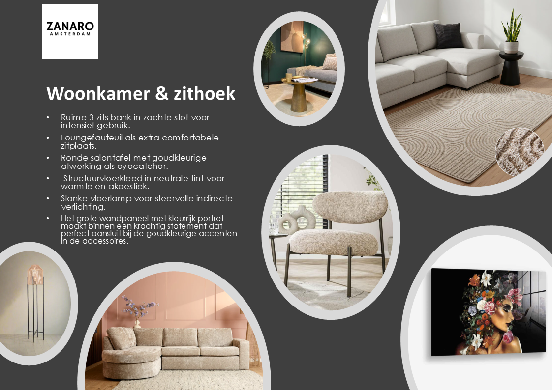 Woonkamer Grand pakket met ruime 3-zits bank, loungefauteuil, salontafel, vloerkleed en slanke vloerlamp