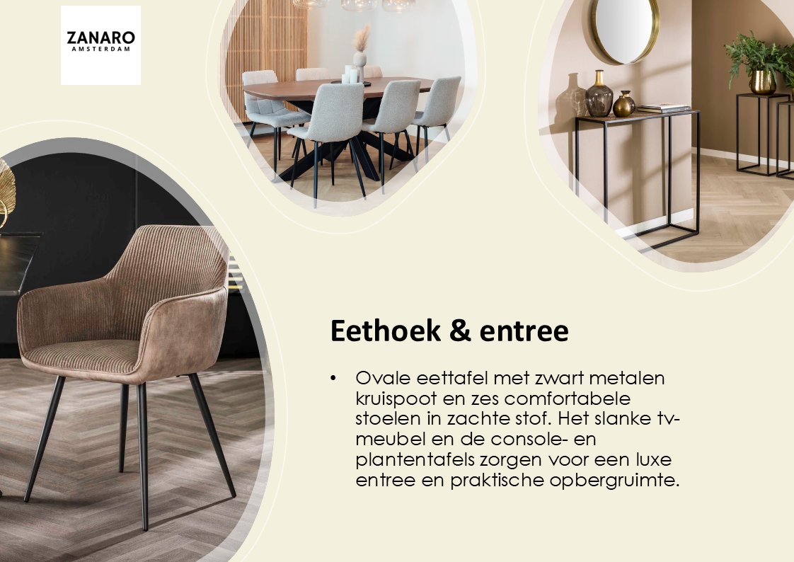 Eethoek Grand pakket met ovale eettafel, zes eetkamerstoelen en slank tv-meubel voor entree en woonkamer
