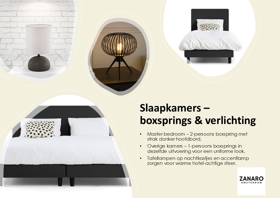 Slaapkamers Grand pakket met 2-persoons en 1-persoons boxsprings, nachtkastlampen en tafellamp in hotelsfeer