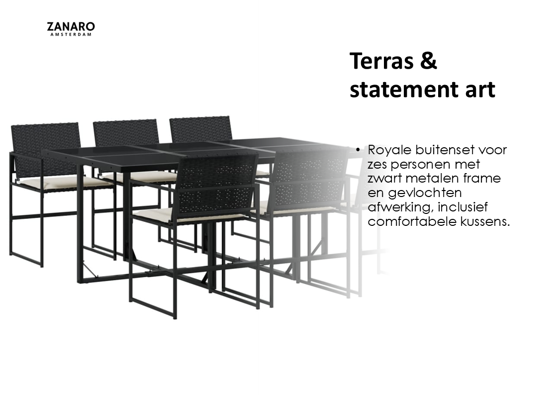 Terras en statement art Grand pakket met 6-persoons tuinset met zwart metalen frame