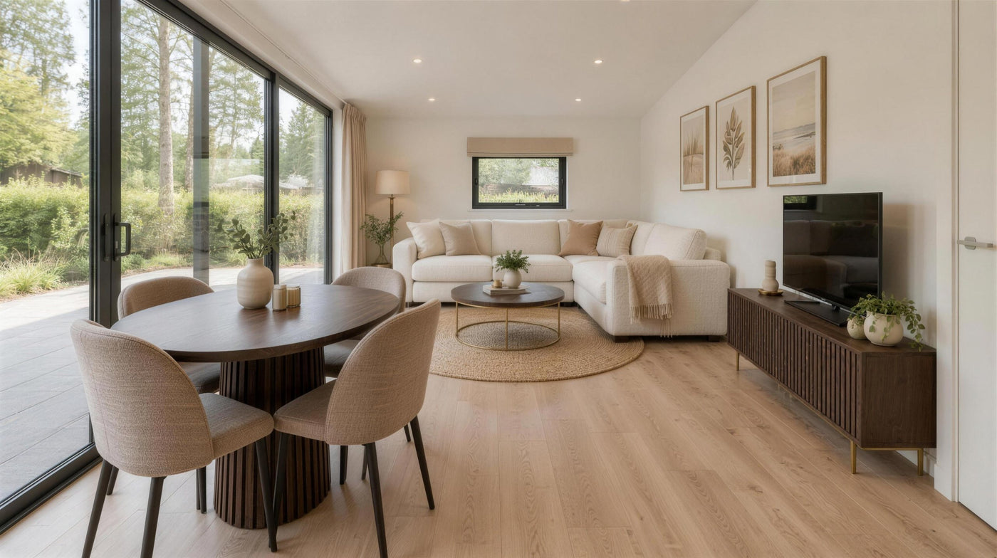 Sfeerimpressie van een ingericht chalet met lichte bank, eettafel en houten wanden